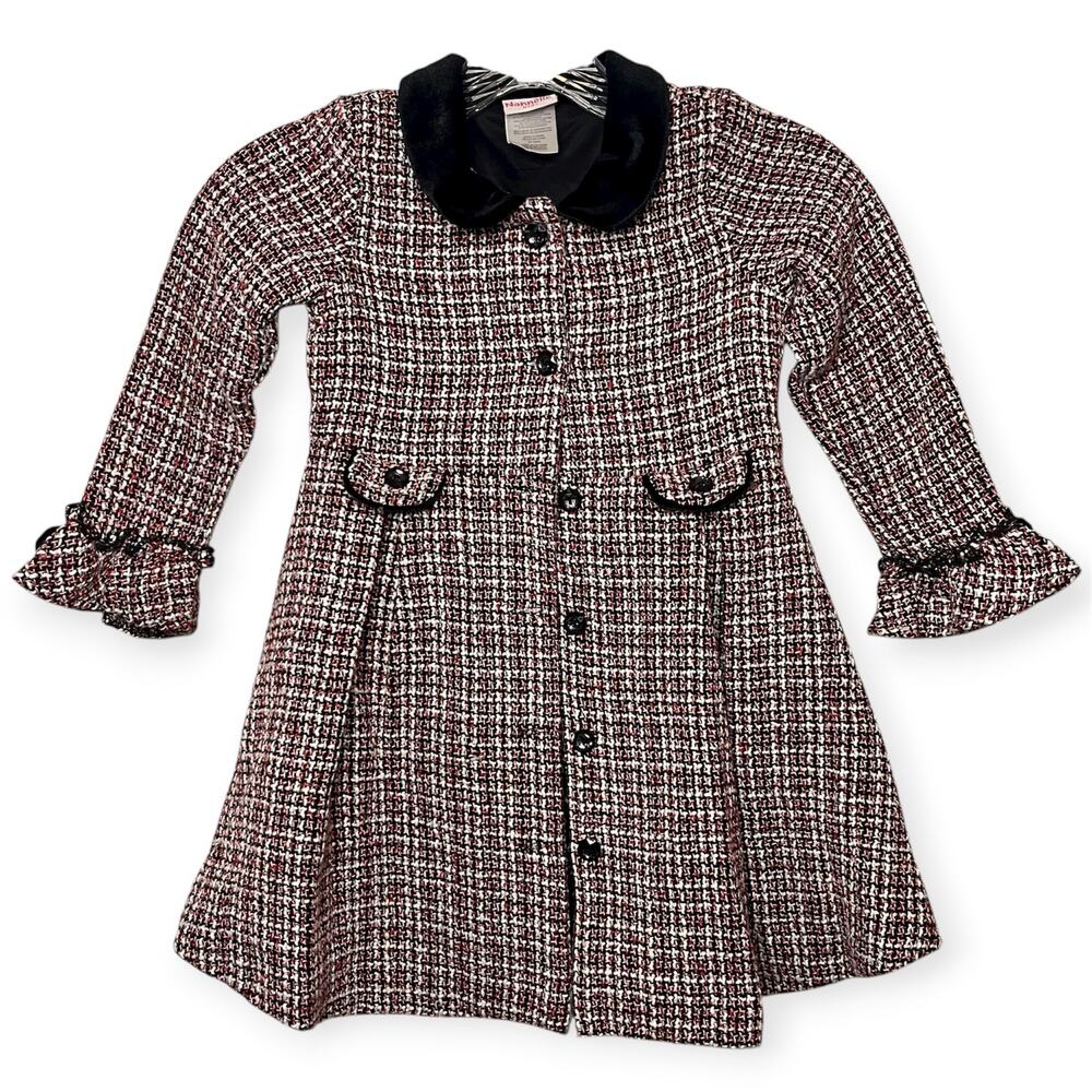 Nannette Kids Red Black Tweed Button Christmas Dress Coat w/ Velvet Collar‎ Sz 5